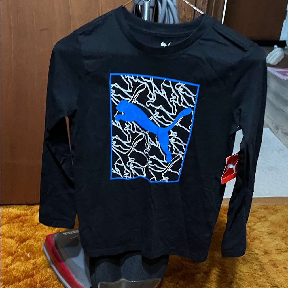 Puma Kids Black Long Sleeve Tee with Blue Graphic